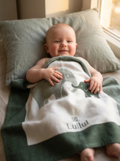 elephant baby knitted blanket with baby